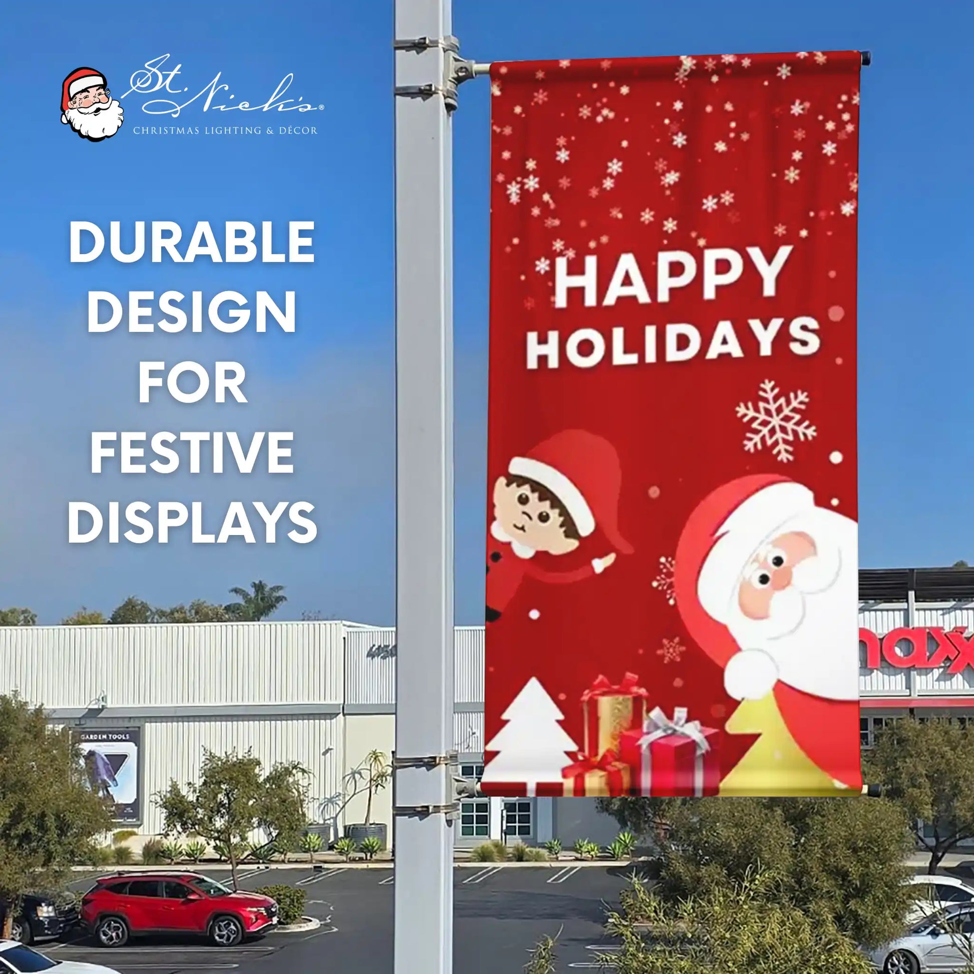 Happy Holidays Christmas pole banner featuring durable design for outdoor festive displays