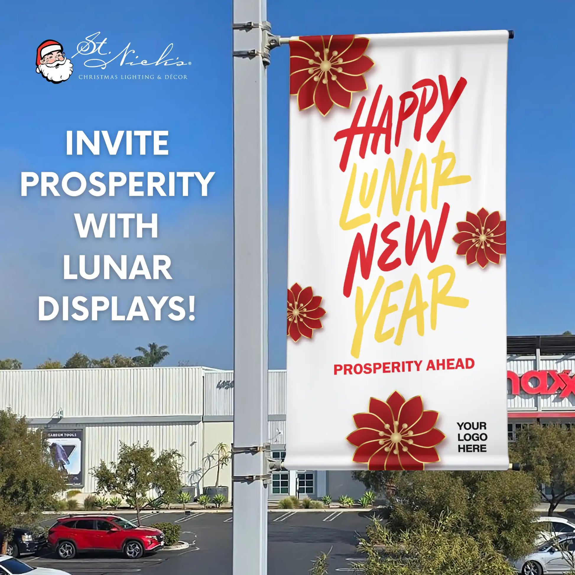 Happy Lunar New Year prosperity pole banner promoting festive seasonal décor and community celebration