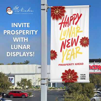 Happy Lunar New Year prosperity pole banner promoting festive seasonal décor and community celebration