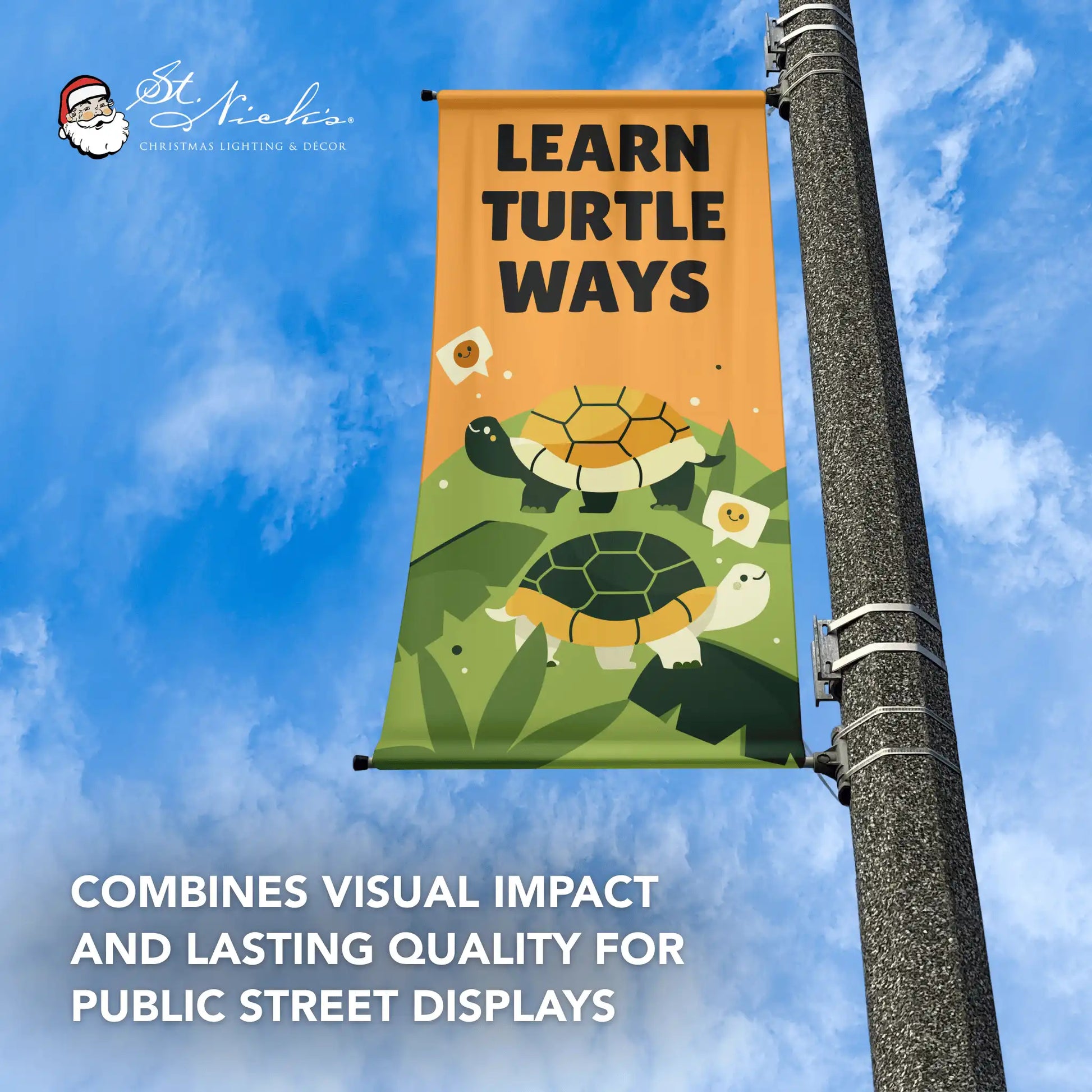 Learn Turtle Ways banner with turtle artwork displayed on street pole against sky