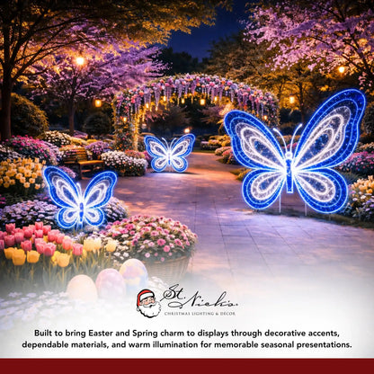 LED butterfly light sculptures installed in garden setting for spring and Easter seasonal décor