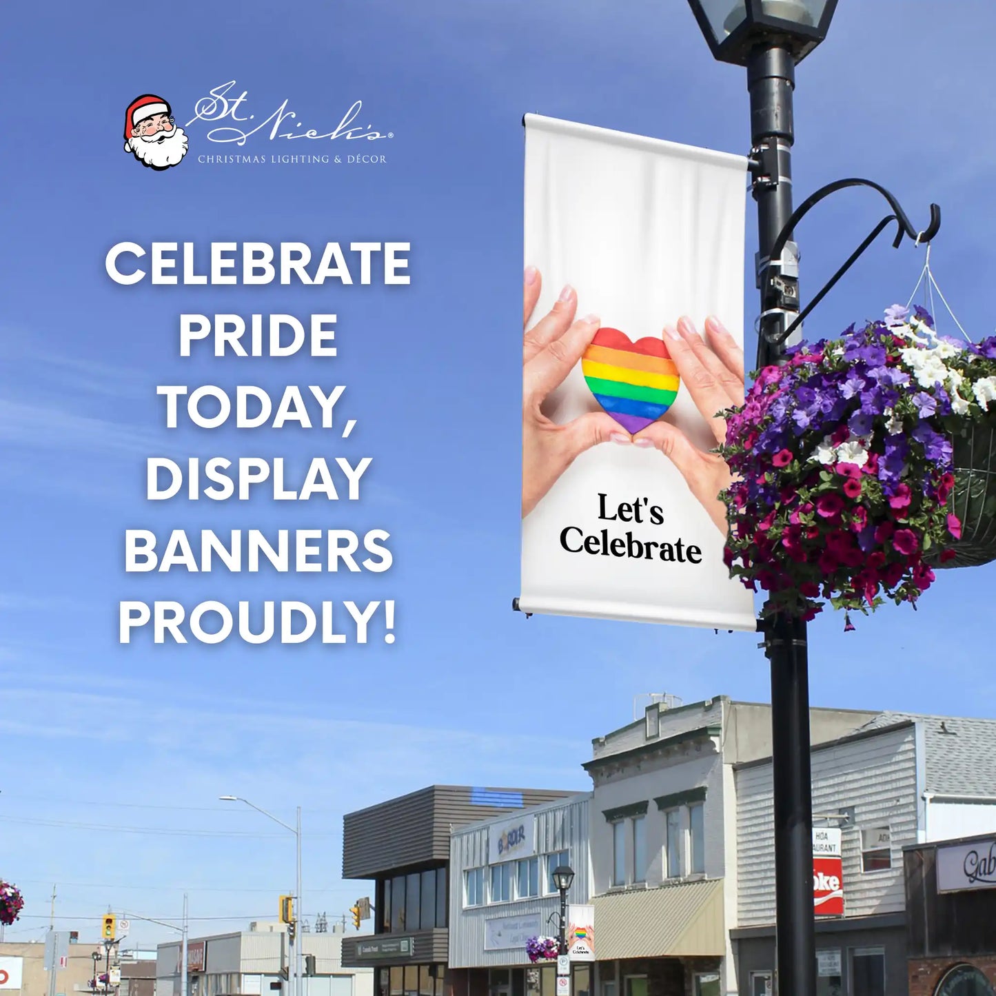 Let’s Celebrate pride pole banner promoting Pride Month celebrations and inclusive community décor