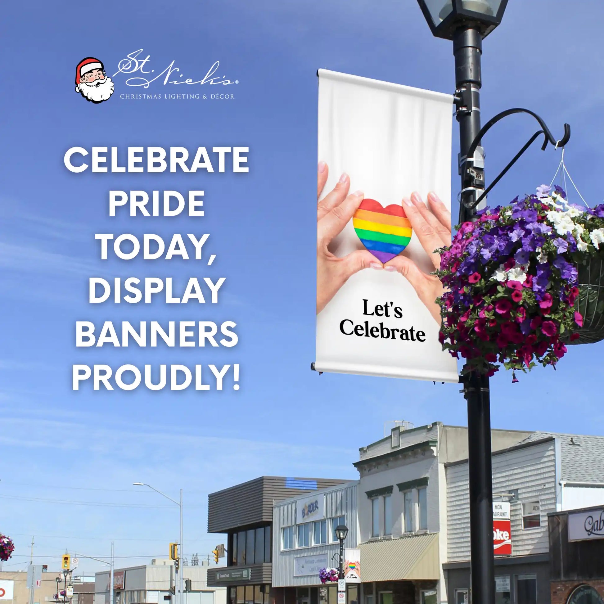 Let’s Celebrate pride pole banner promoting Pride Month celebrations and inclusive community décor