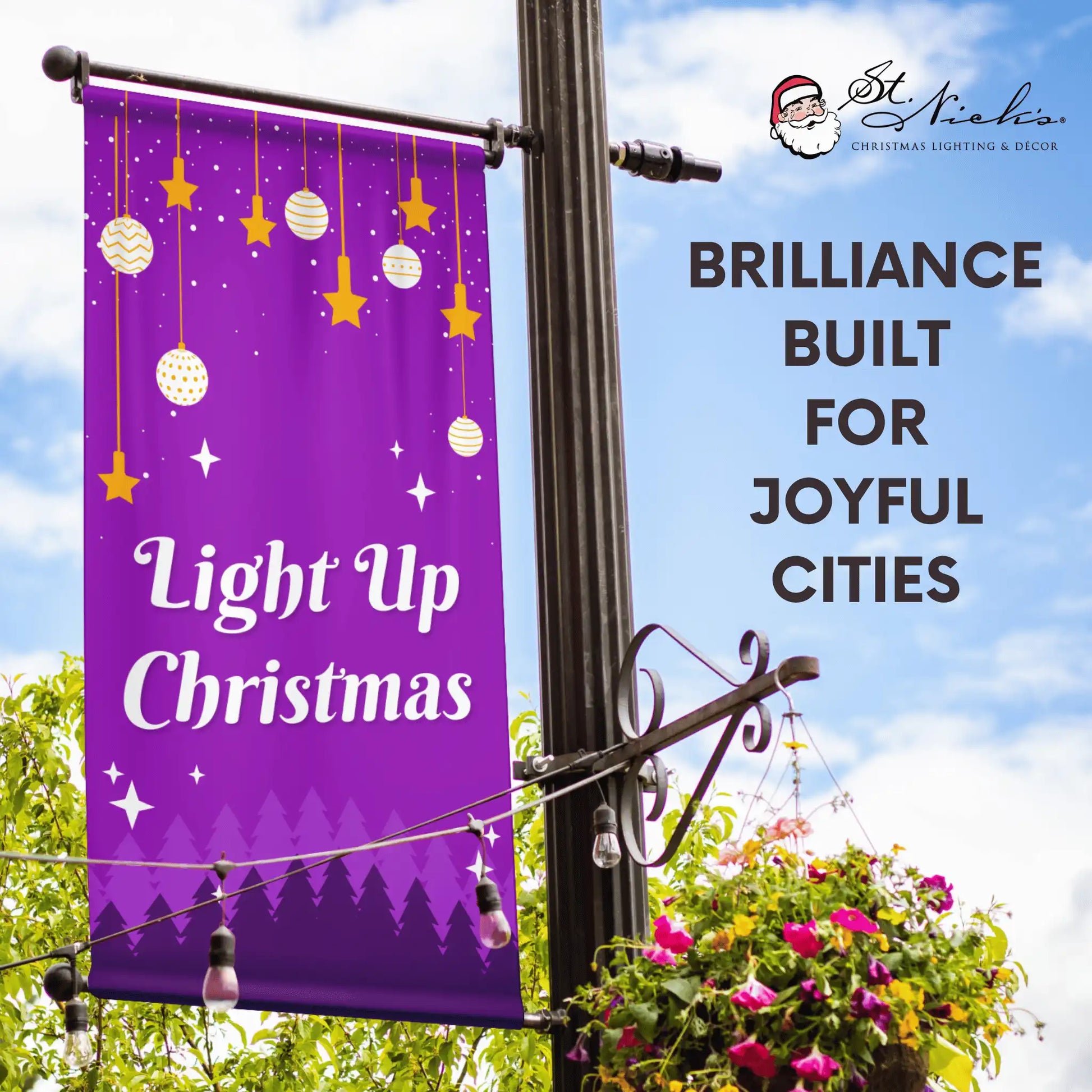 Light Up Christmas Christmas pole banner promoting vibrant holiday street décor