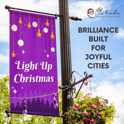 Light Up Christmas Christmas pole banner promoting vibrant holiday street décor