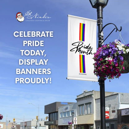 Love Is Love Pride Month pole banner promoting inclusivity and community Pride celebrations
