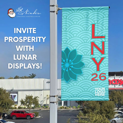 Lunar New Year 2026 teal pole banner promoting prosperity and cultural celebration with customizable branding