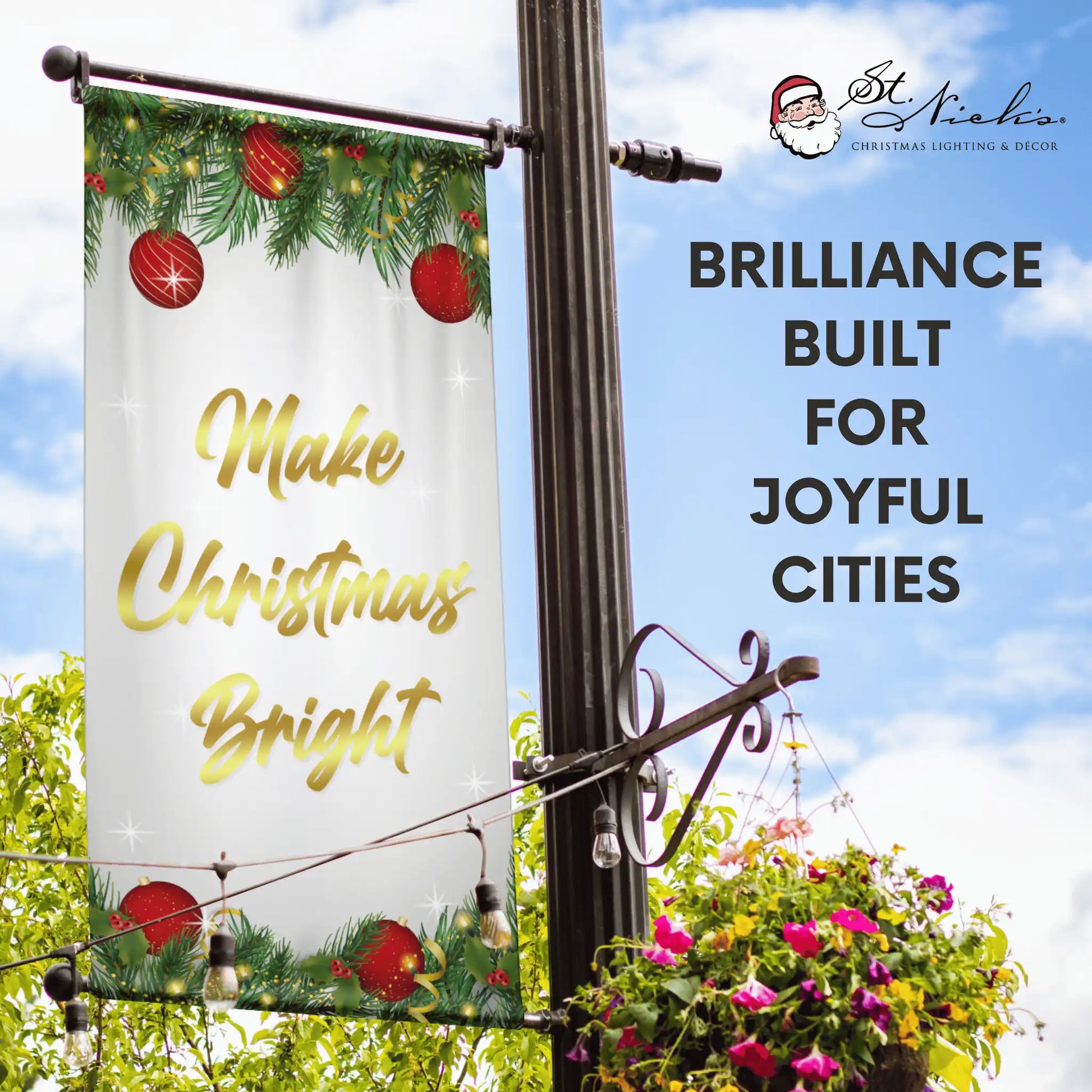 Make Christmas Bright Christmas pole banner promoting elegant holiday street décor