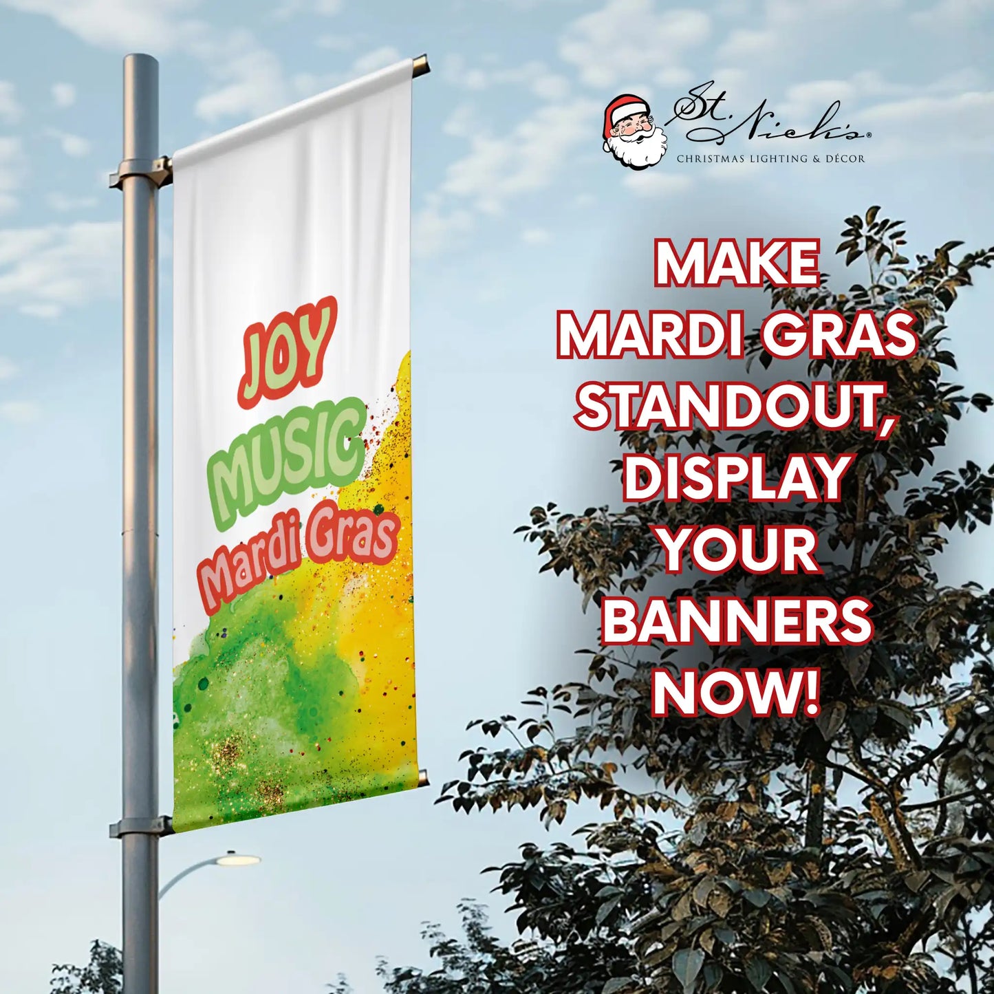 Joy Music Mardi Gras pole banner promoting seasonal celebrations with vibrant green and yellow splash graphics