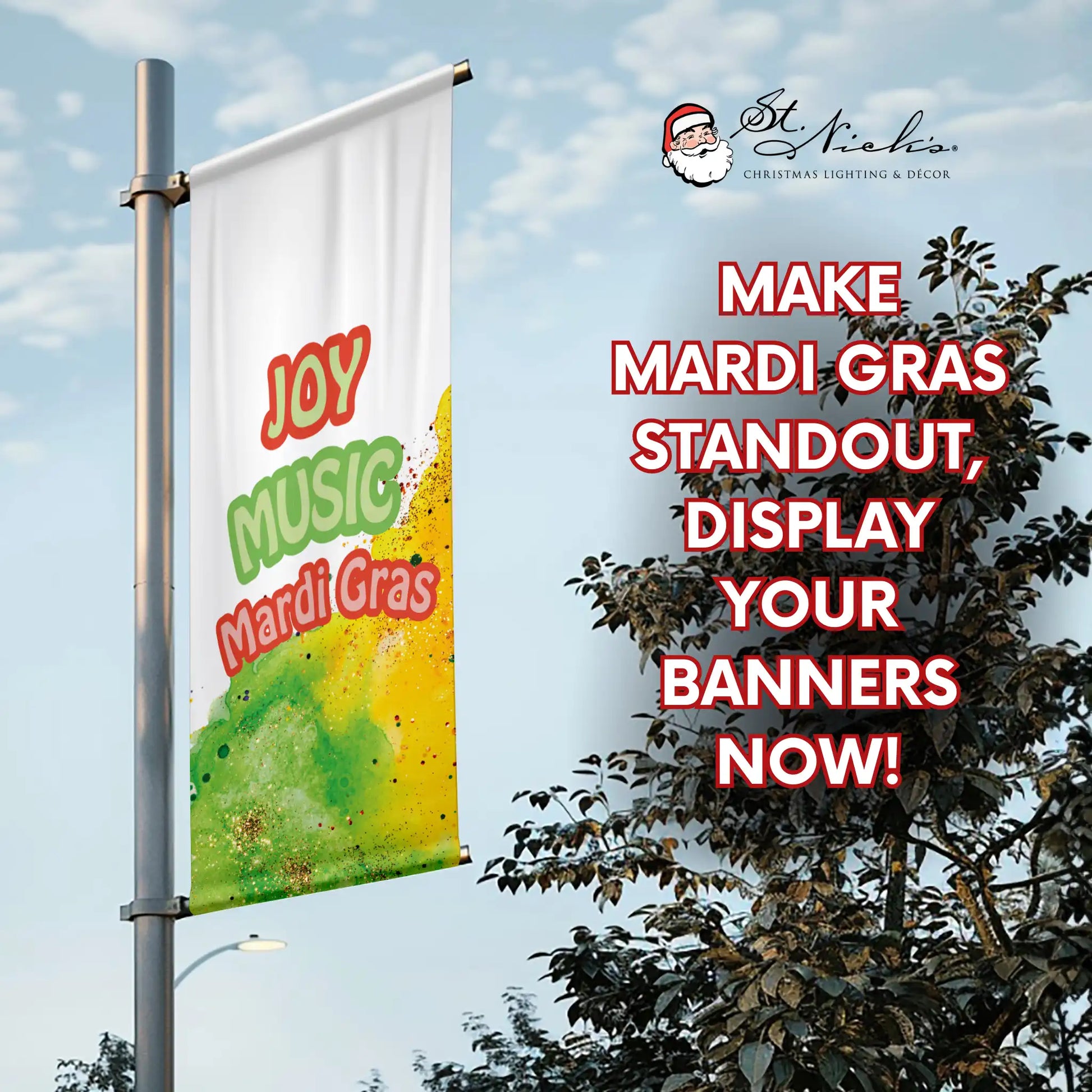 Joy Music Mardi Gras pole banner promoting seasonal celebrations with vibrant green and yellow splash graphics