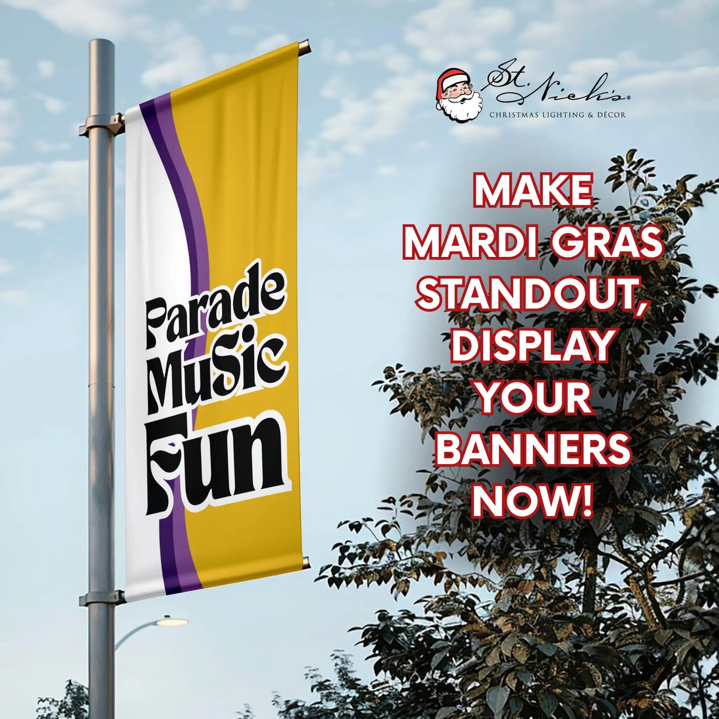 Mardi Gras Parade Music Fun pole banner promoting festive celebrations with bold purple and gold design