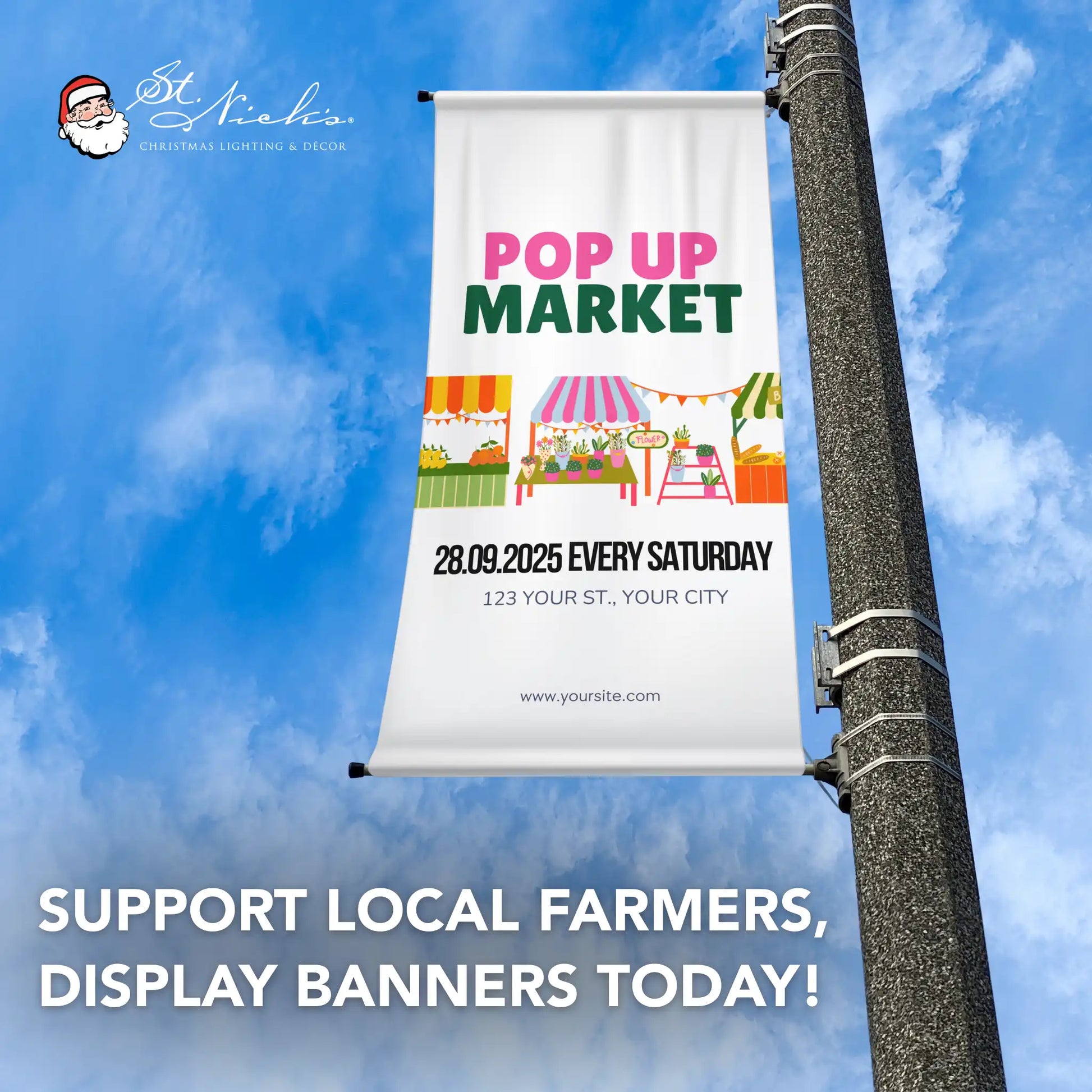 Farmers Market Pop Up Custom Vinyl Pole Banners | St Nick's – St. Nicks  Christmas Lighting, image size:1946x1946