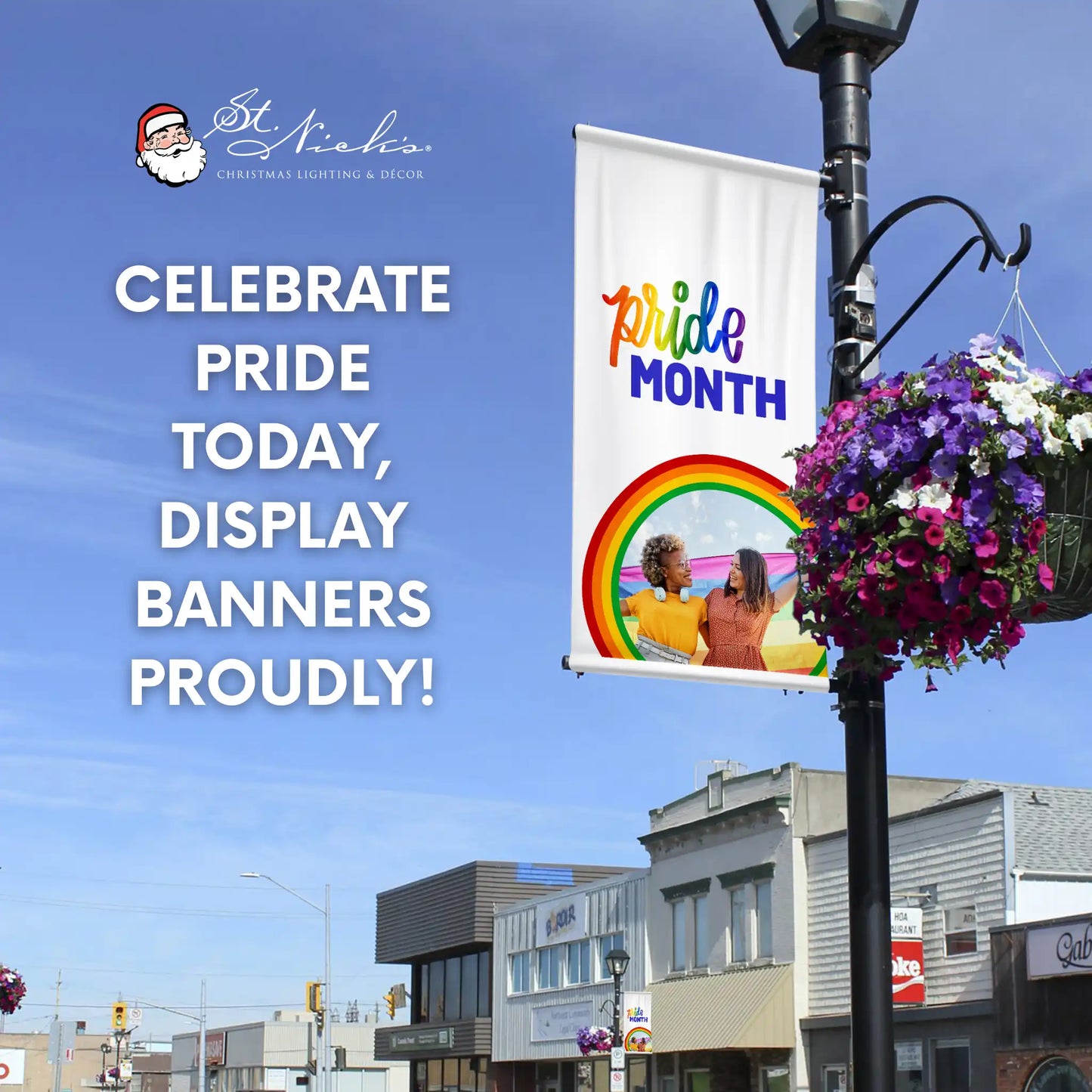 Pride Month photo pole banner promoting inclusive community décor and Pride Month celebrations