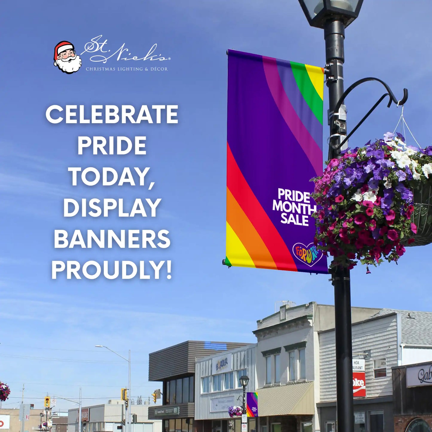 Pride Month Sale rainbow wave pole banner promoting Pride Month retail sales and inclusive community décor