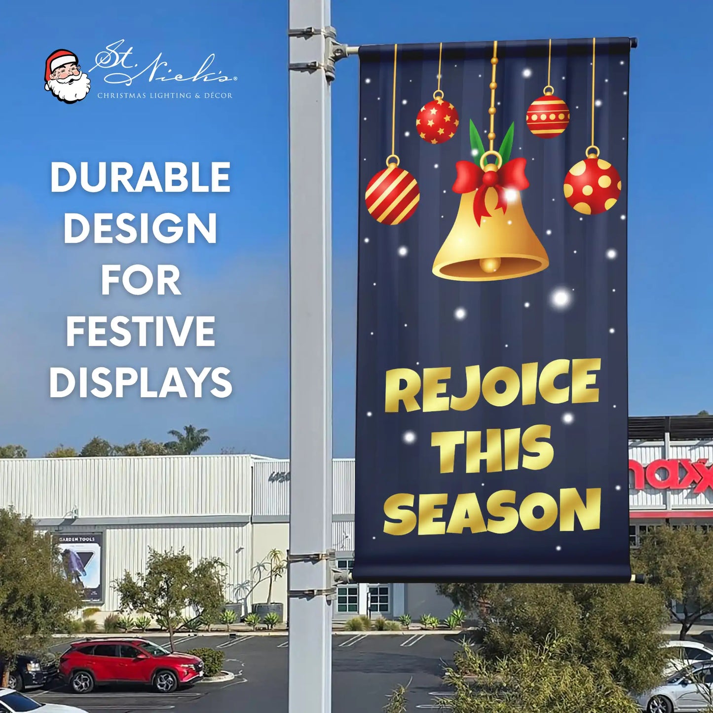 Rejoice This Season Christmas pole banner promoting festive holiday street décor