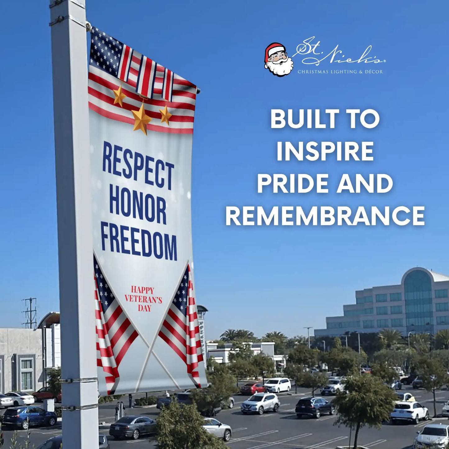 Respect Honor Freedom red white and blue patriotic pole banner inspiring pride and remembrance