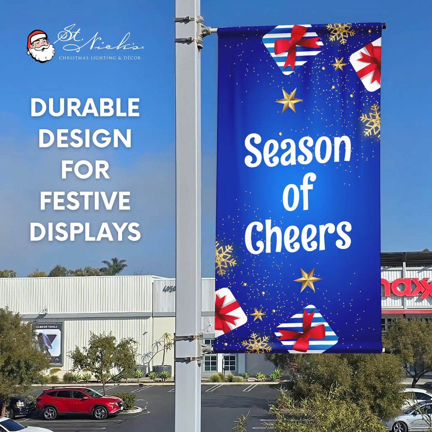 Season of Cheers Christmas pole banner promoting festive holiday street décor