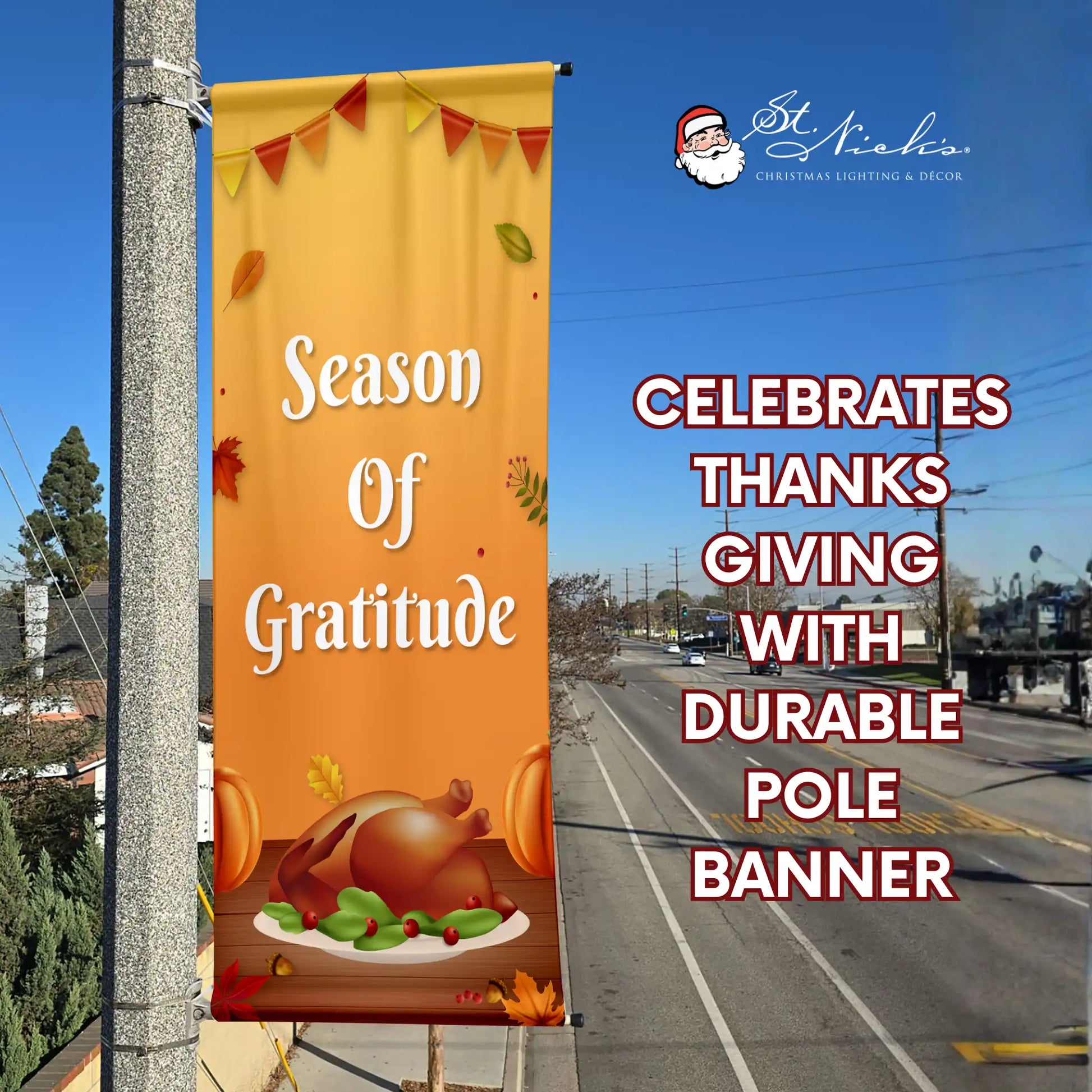 Season of Gratitude Thanksgiving pole banner promoting festive fall street décor