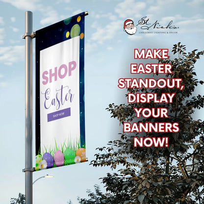 Shop Easter pole banner promoting spring retail streetscape displays for downtown districts