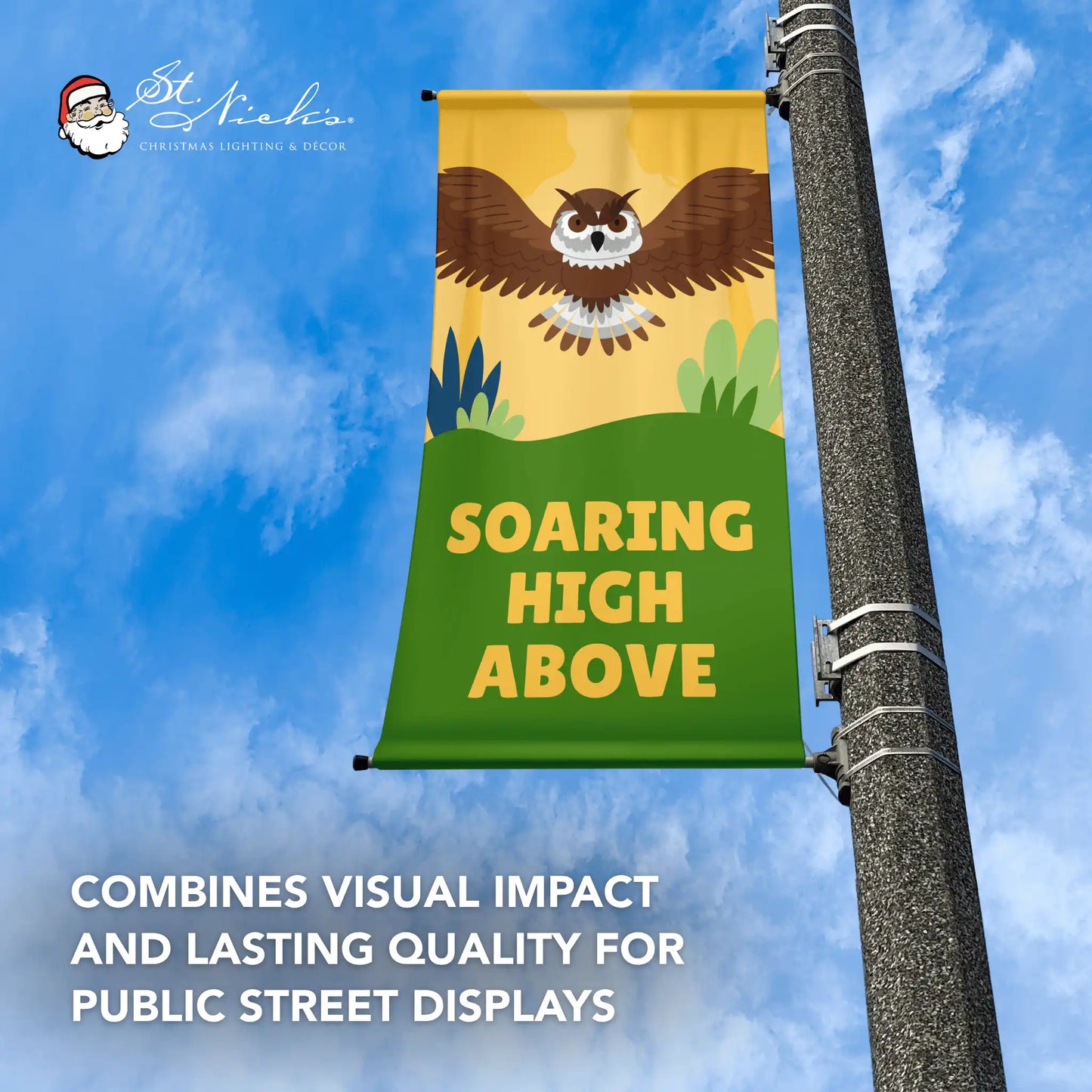 Soaring High Above owl street banner vibrant yellow wildlife design outdoor use