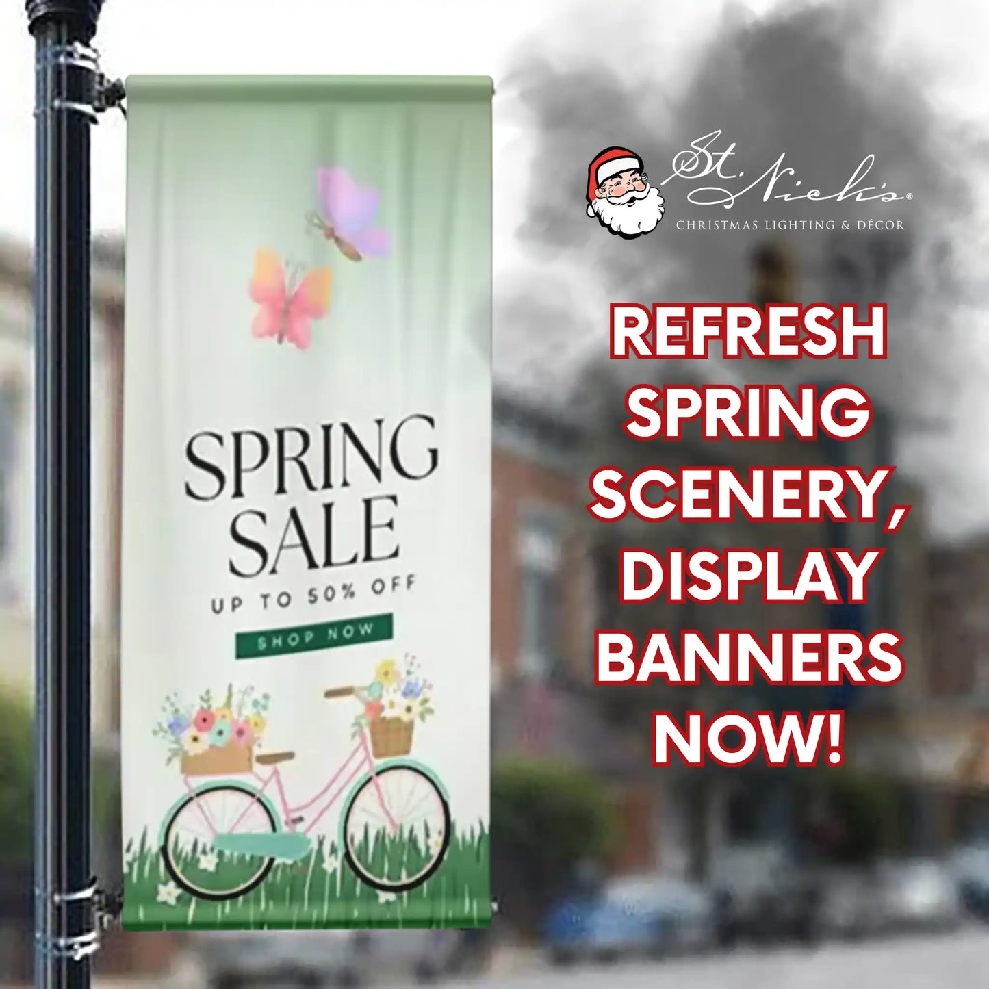 Spring Sale pole banner promoting seasonal retail displays for downtown and shopping districts