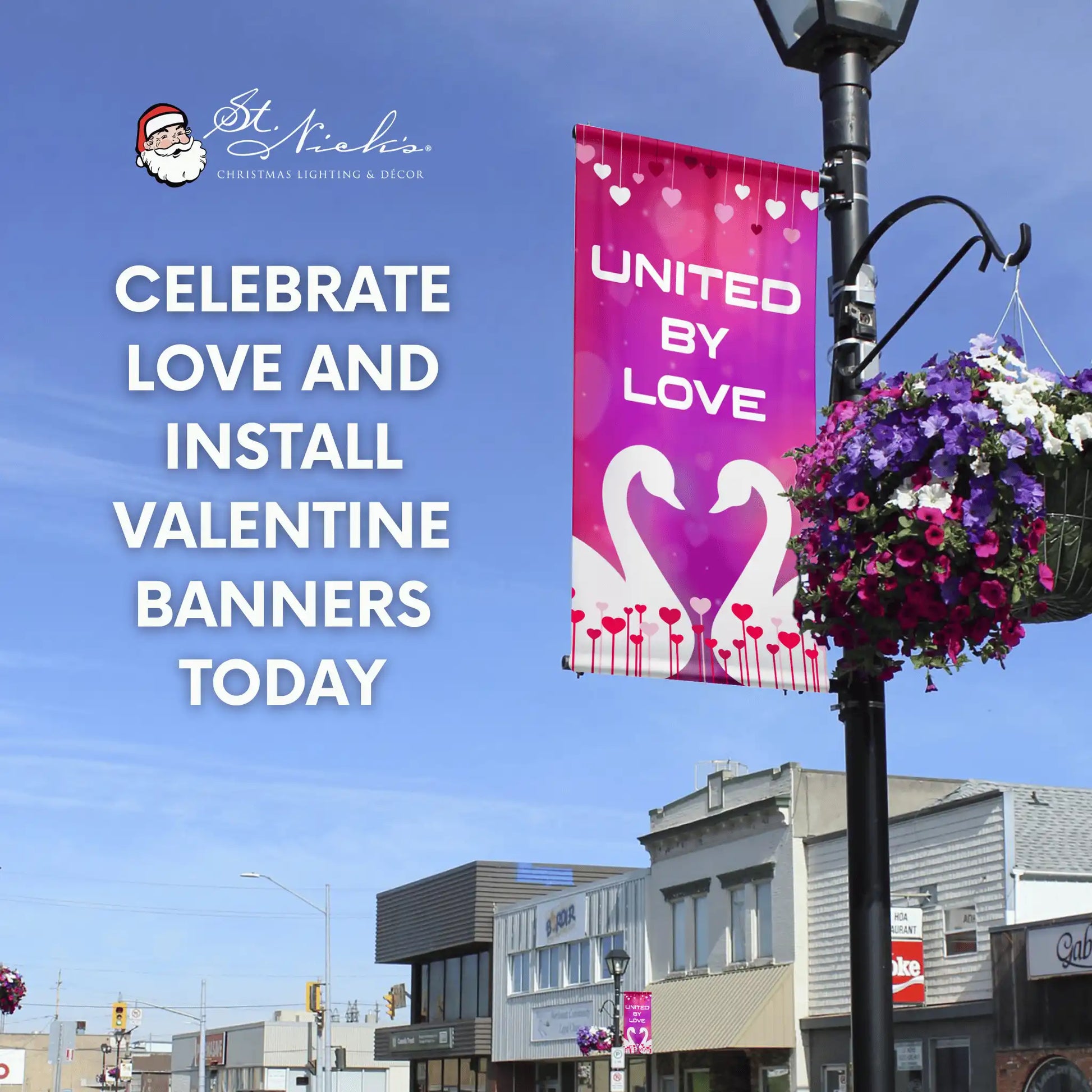 United By Love Valentine pole banner promoting love-themed street décor