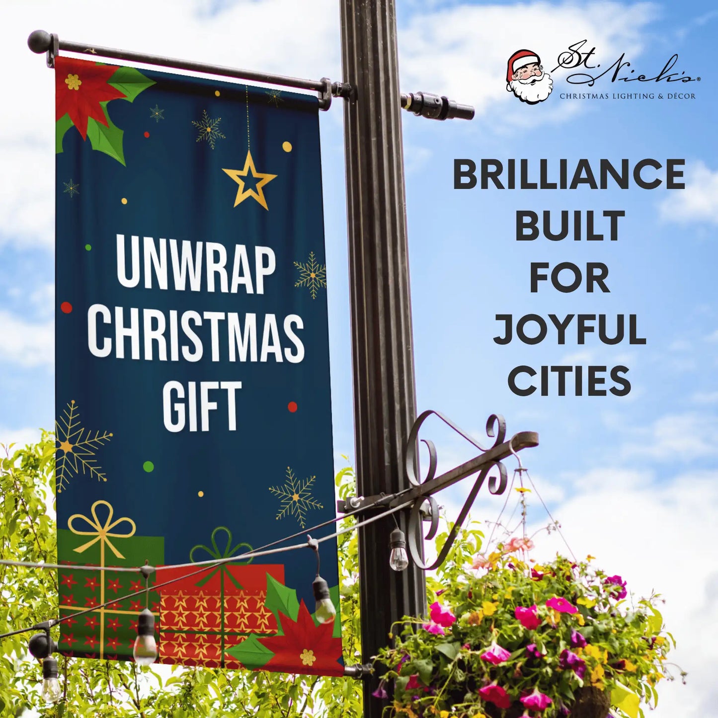Unwrap Christmas Gift Christmas pole banner promoting vibrant holiday street décor