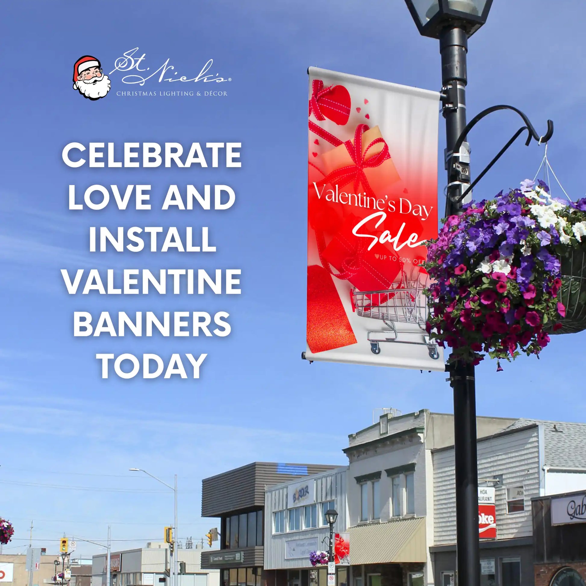 Valentine’s Day Sale pole banner promoting professional Valentine’s street displays