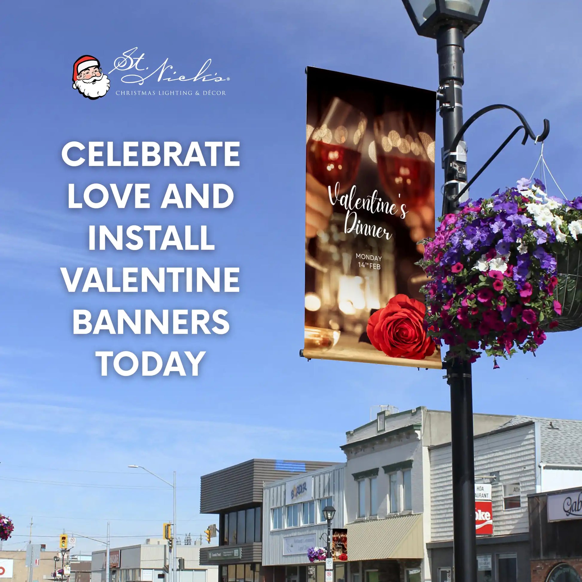Valentine’s Dinner pole banner promoting professional Valentine’s Day street displays