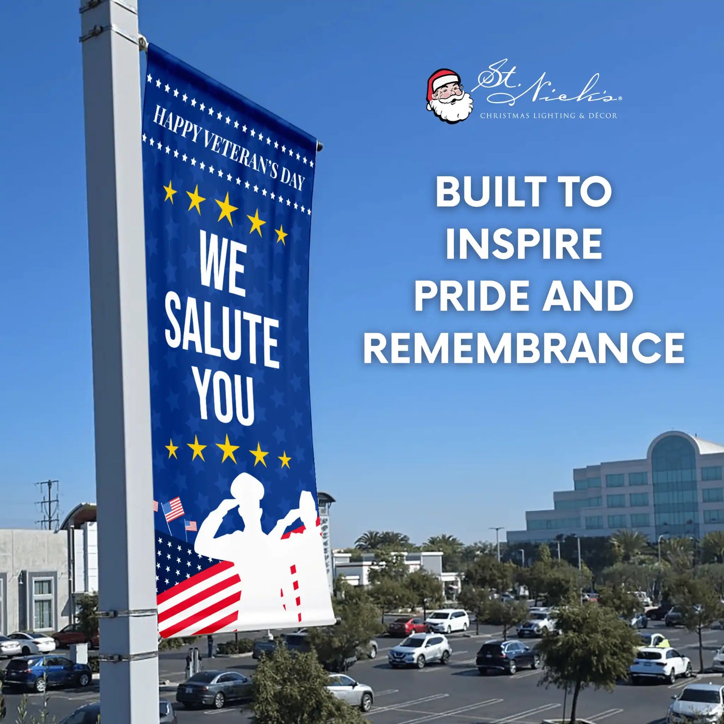 We Salute You blue patriotic street pole banner inspiring pride and remembrance