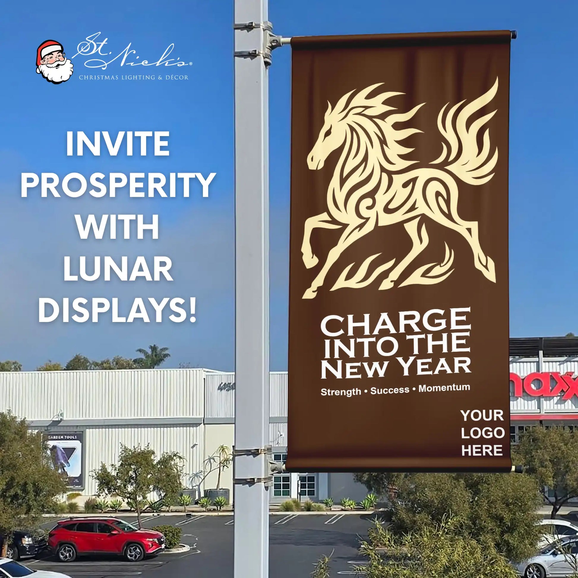 Year of the Horse Lunar New Year pole banner promoting strength, success, and momentum with bold horse artwork for malls city street