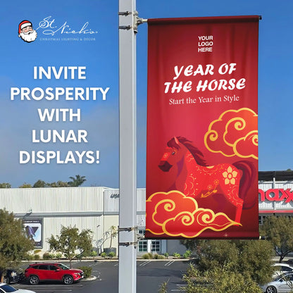 Year of the Horse Lunar New Year pole banner promoting prosperity and seasonal celebrations with bold red design