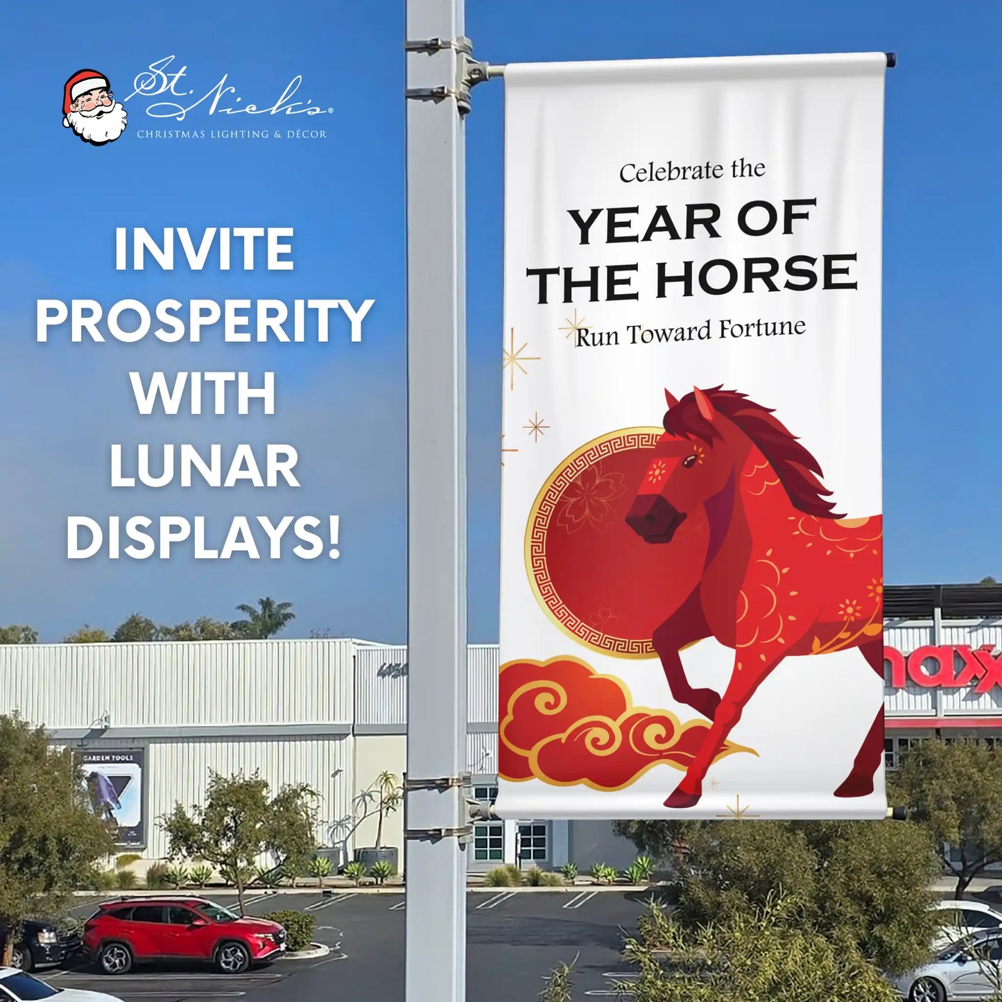 Year of the Horse Lunar New Year white pole banner promoting prosperity and fortune with bold red horse artwork
