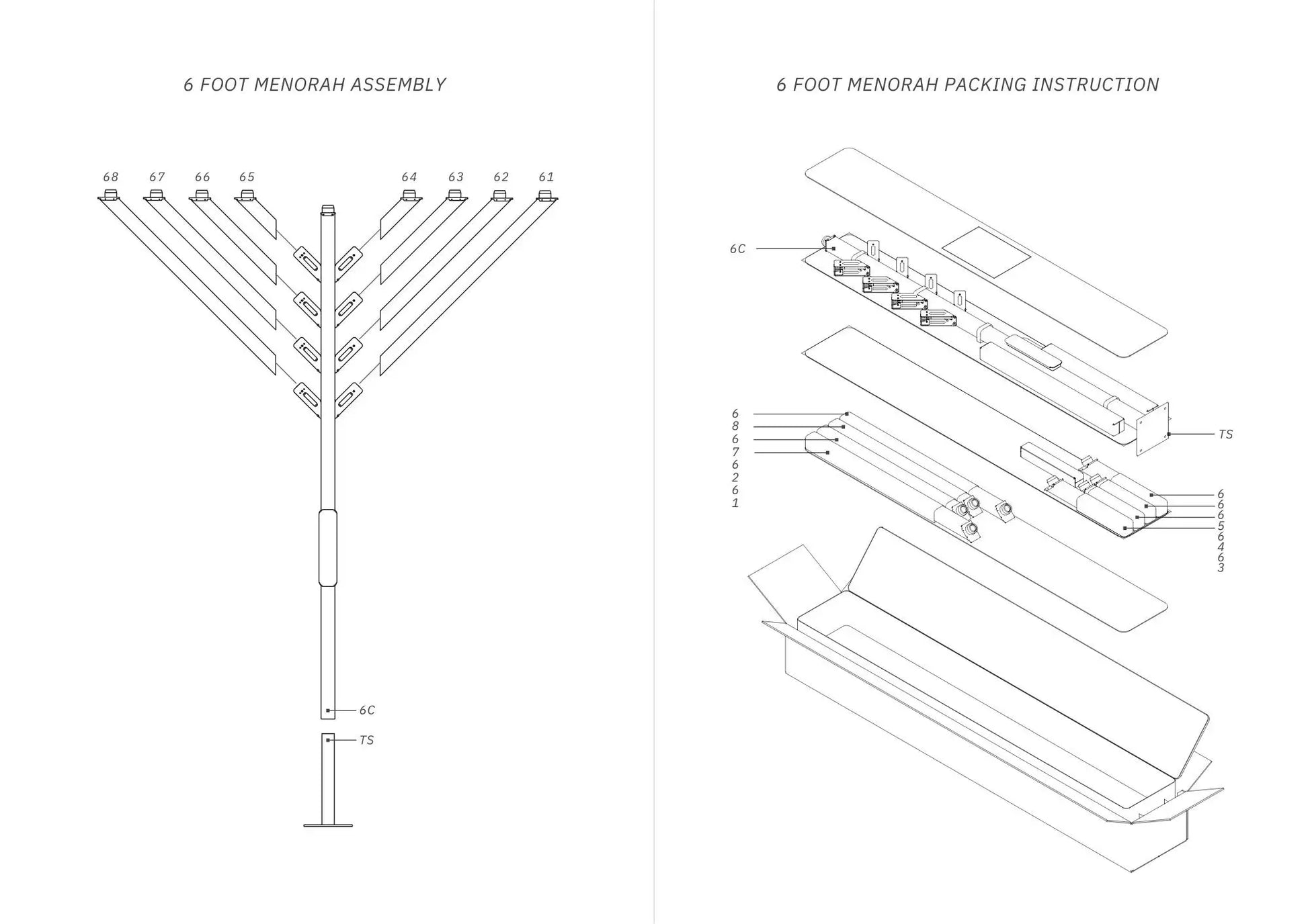 6-foot Menorah assembly and packing instruction diagram 