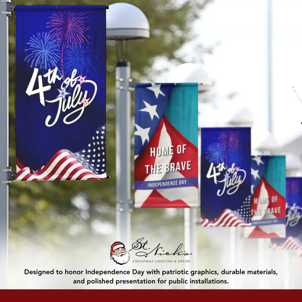 4th of July pole banners displayed with coordinating Independence Day banner designs