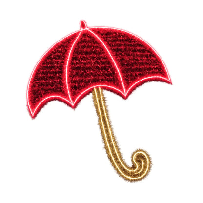 5FT LED Easter umbrella light motif shown from alternate angle with red illuminated canopy and gold handle