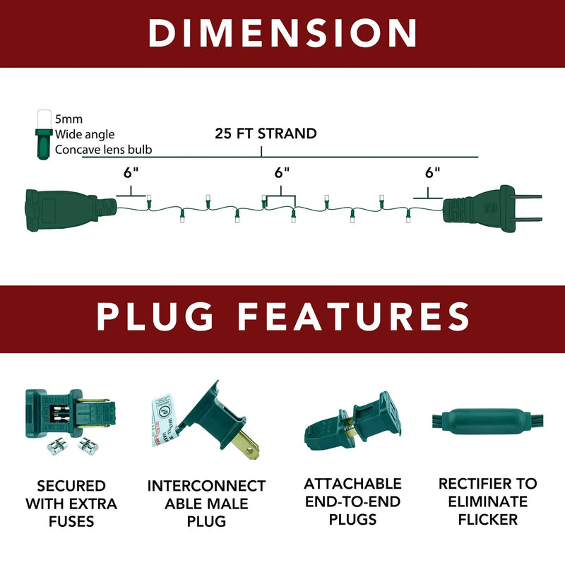 Amber, warm white, and cool white 5mm twinkle LED mini lights dimension diagram showing a 25-foot strand, 6-inch spacing, concave bulbs, and plug features