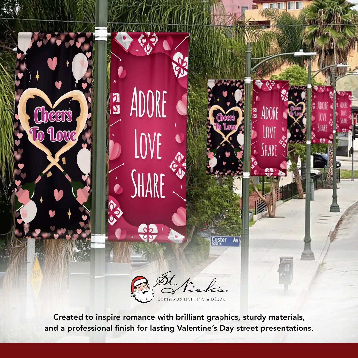Adore Love Share Valentine pole banners installed along city street for seasonal decoration