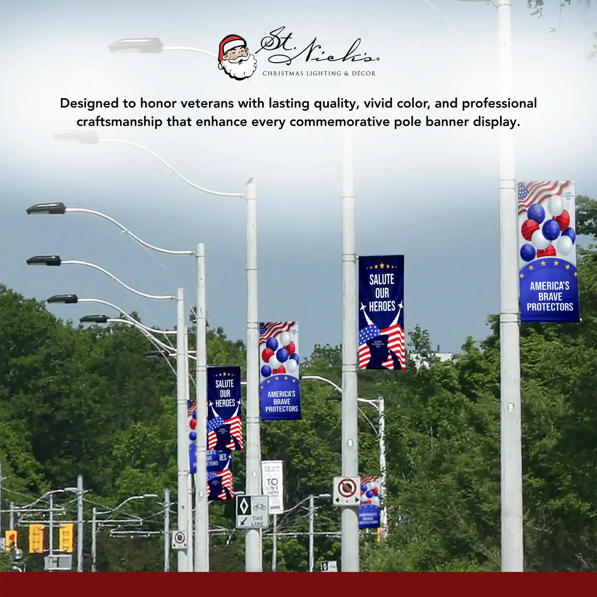 America’s Brave Protectors Veterans Day pole banners displayed across multiple streetlight poles in community setting