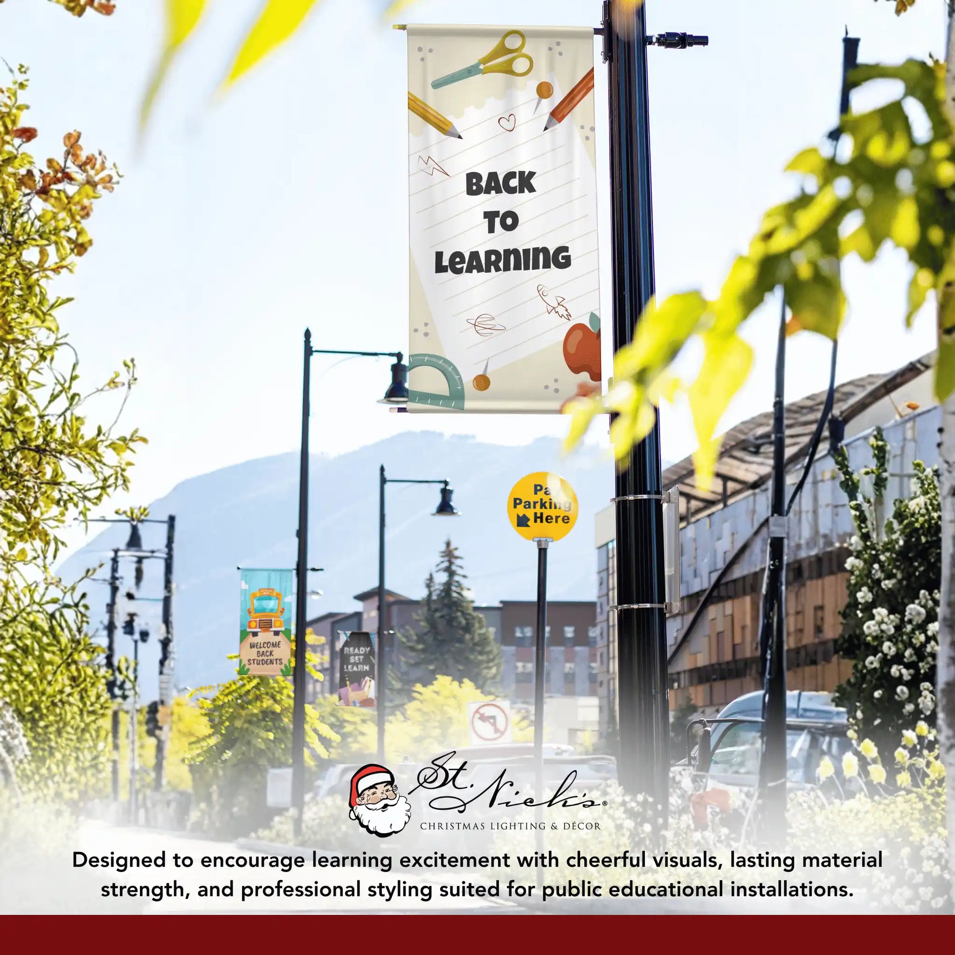 Back to Learning school pole banner displayed alongside complementary school and educational banner designs