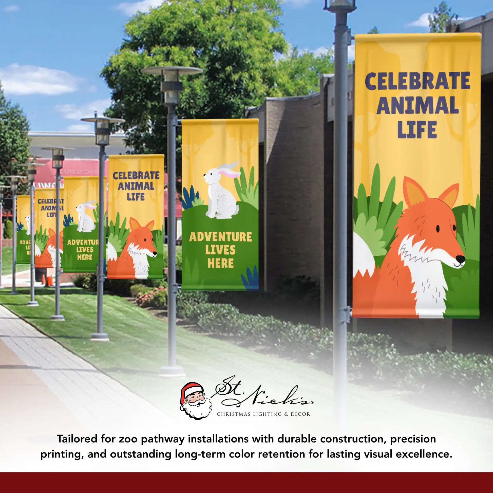 Celebrate Animal Life yellow zoo pathway banners featuring coordinated fox-themed designs