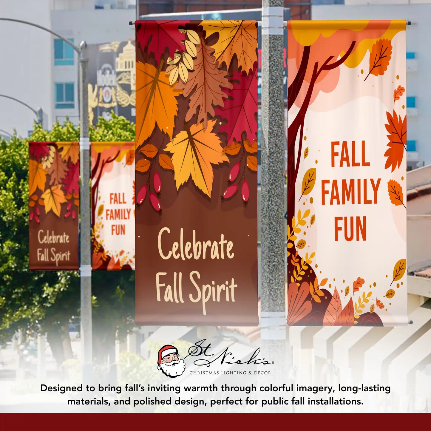 Celebrate Fall Spirit fall pole banner displayed alongside coordinating autumn street banners