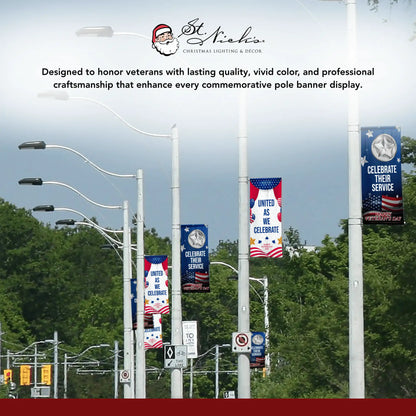 Celebrate Their Service blue commemorative street banners honoring Veterans Day