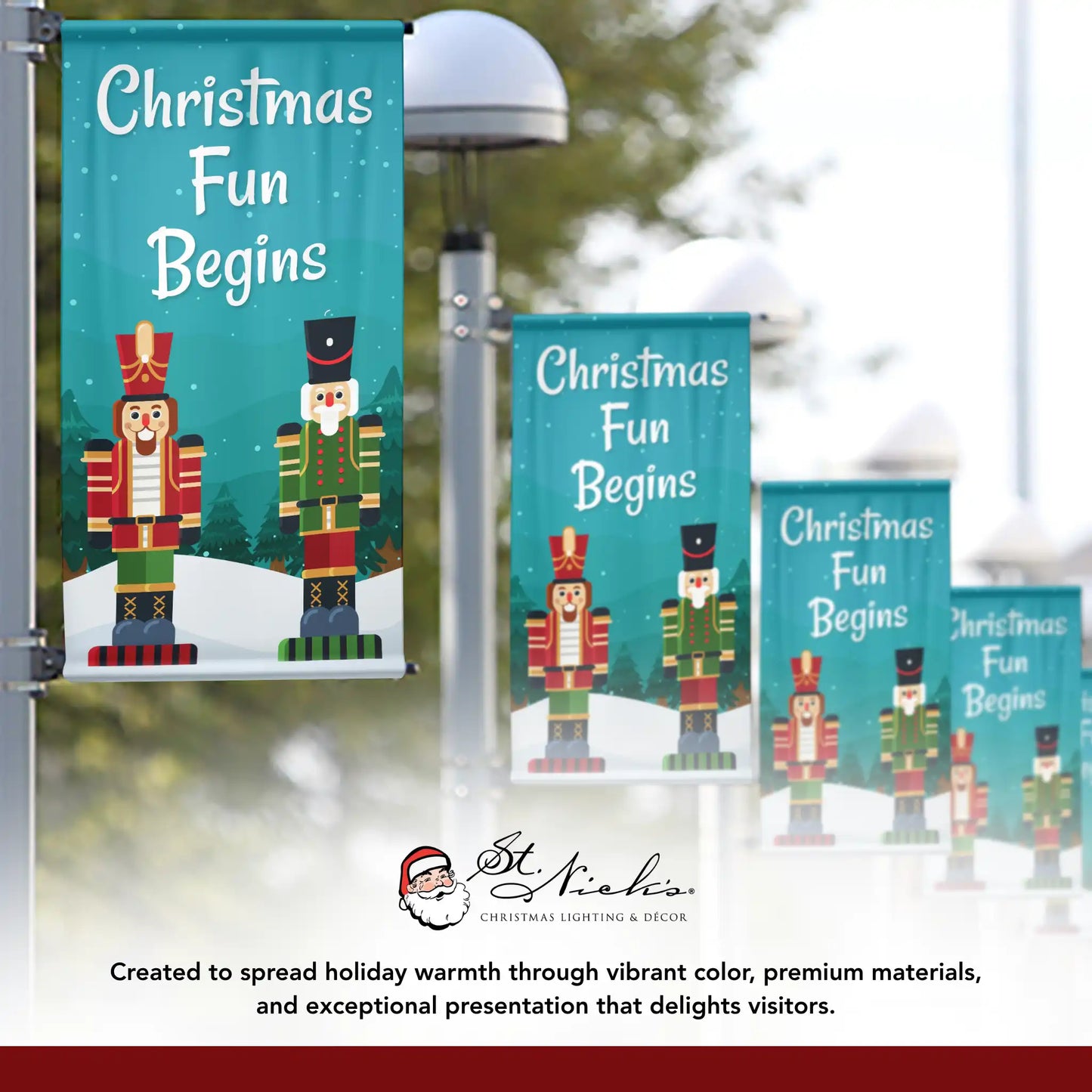 Christmas Fun Begins Christmas pole banner displayed alongside complementary holiday banner designs