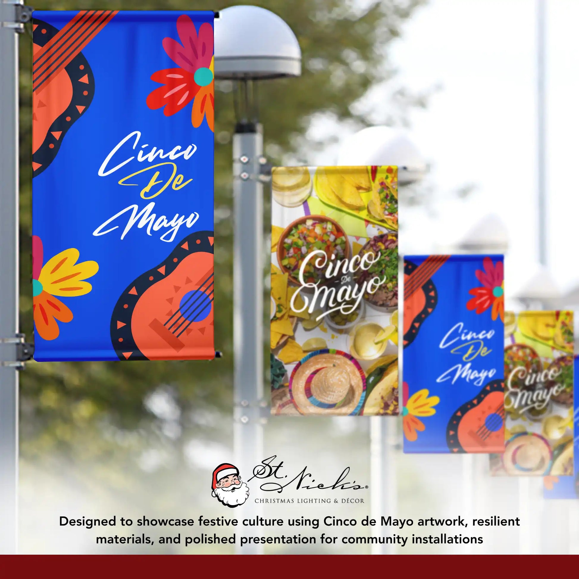 Cinco de Mayo blue guitar floral pole banner displayed alongside complementary Cinco de Mayo street banners
