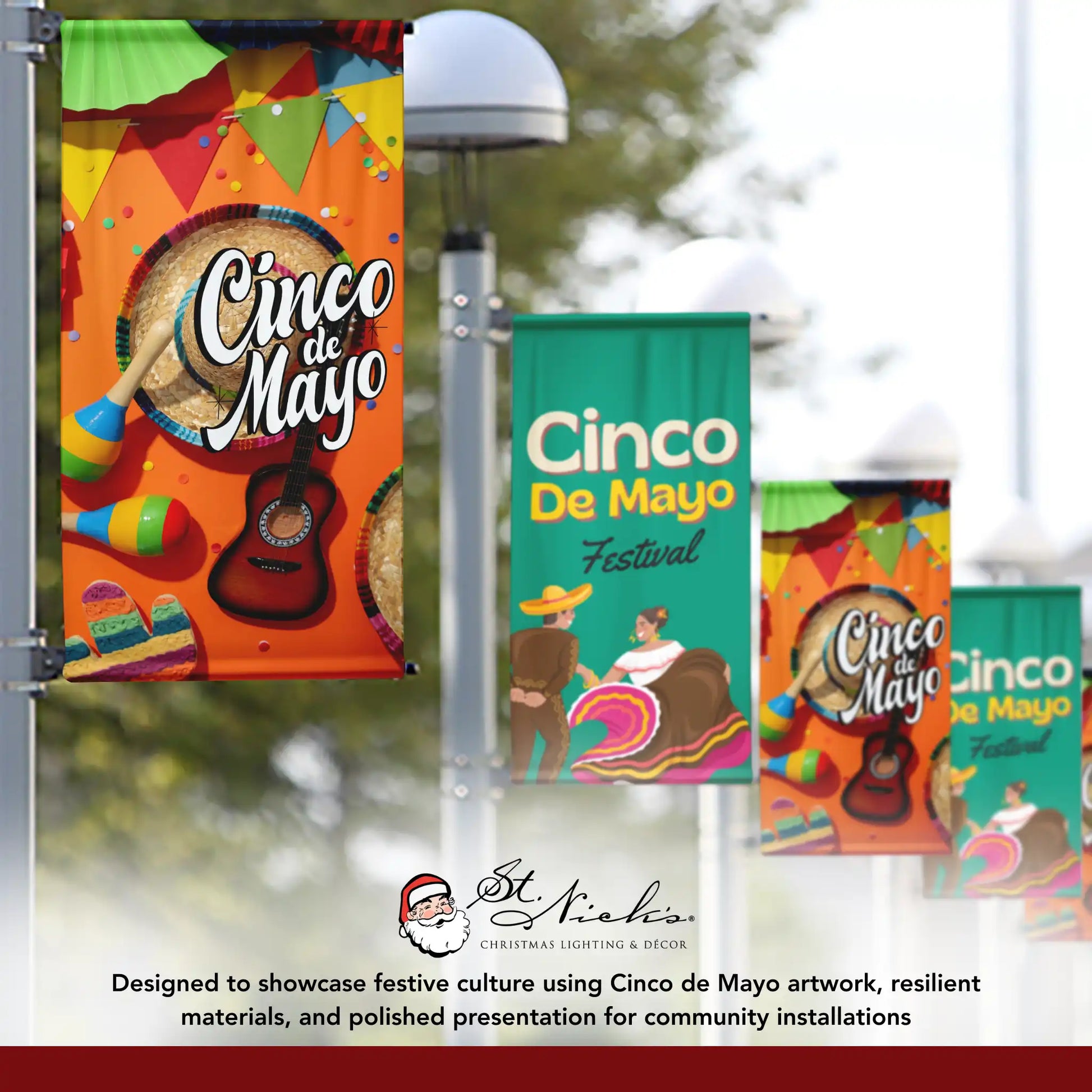 Cinco de Mayo fiesta instruments pole banner displayed alongside complementary Cinco de Mayo street banners