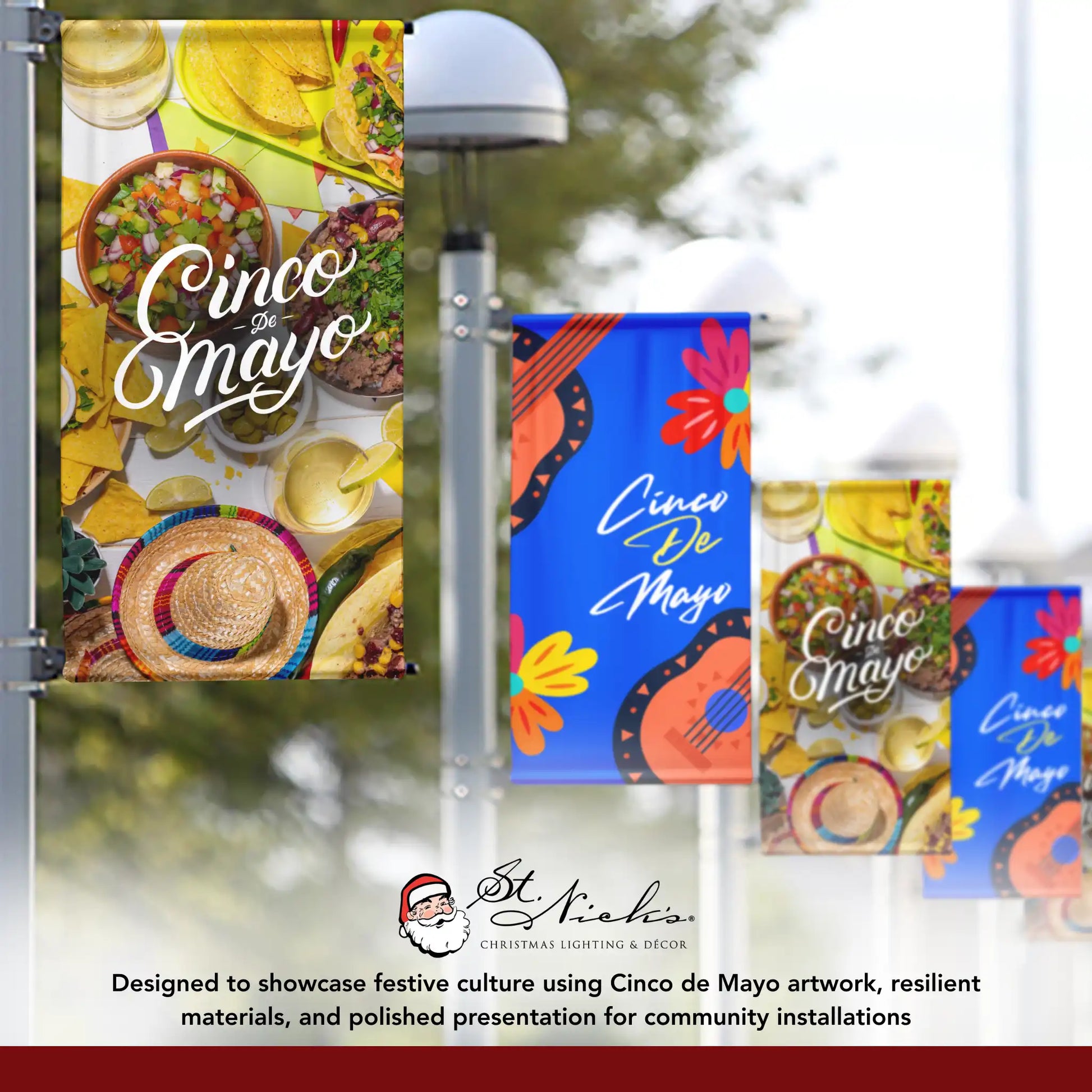 Cinco de Mayo food photography pole banner displayed alongside complementary Cinco de Mayo street banner designs