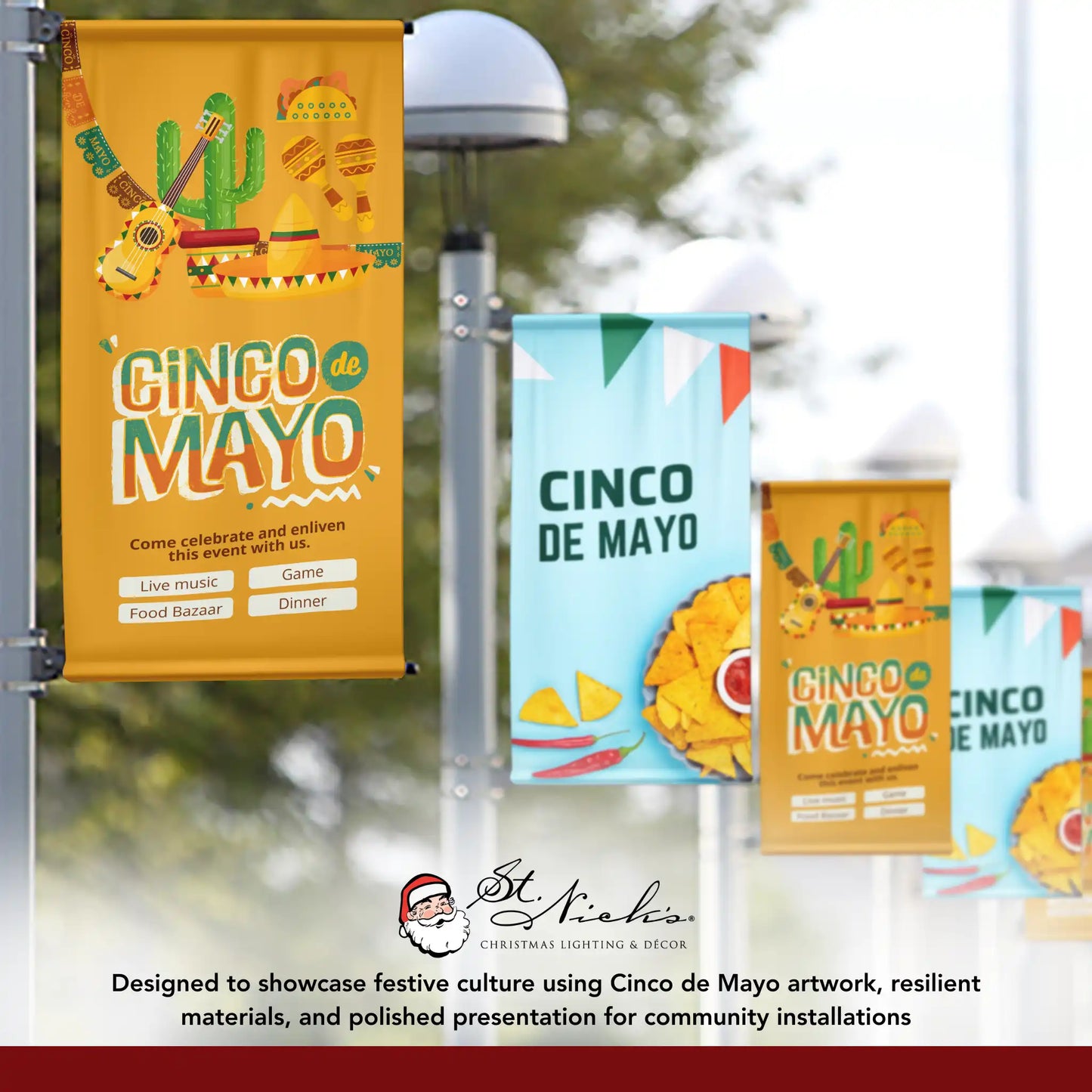 Cinco de Mayo illustrated guitar and cactus pole banner displayed alongside complementary Cinco de Mayo street banners
