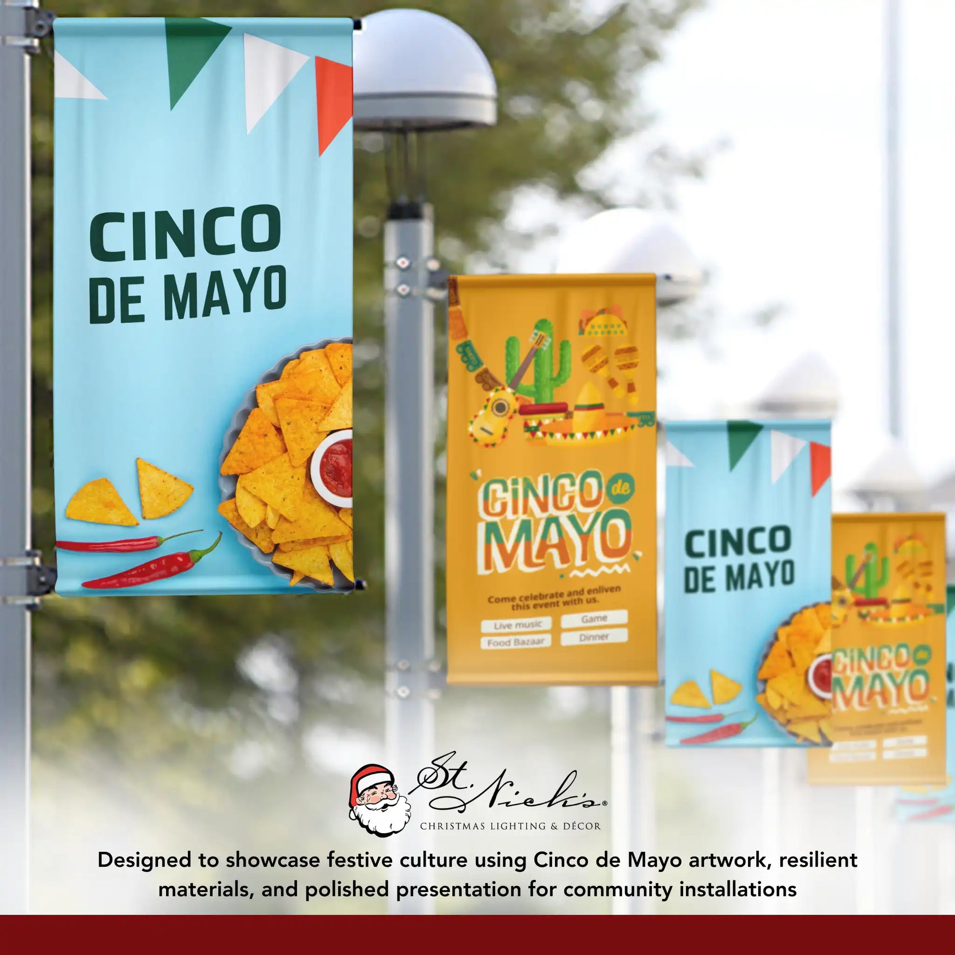 Cinco de Mayo tortilla chip pole banner displayed alongside complementary Cinco de Mayo street banners in coordinated collection