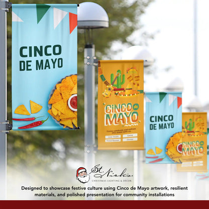 Cinco de Mayo tortilla chip pole banner displayed alongside complementary Cinco de Mayo street banners in coordinated collection